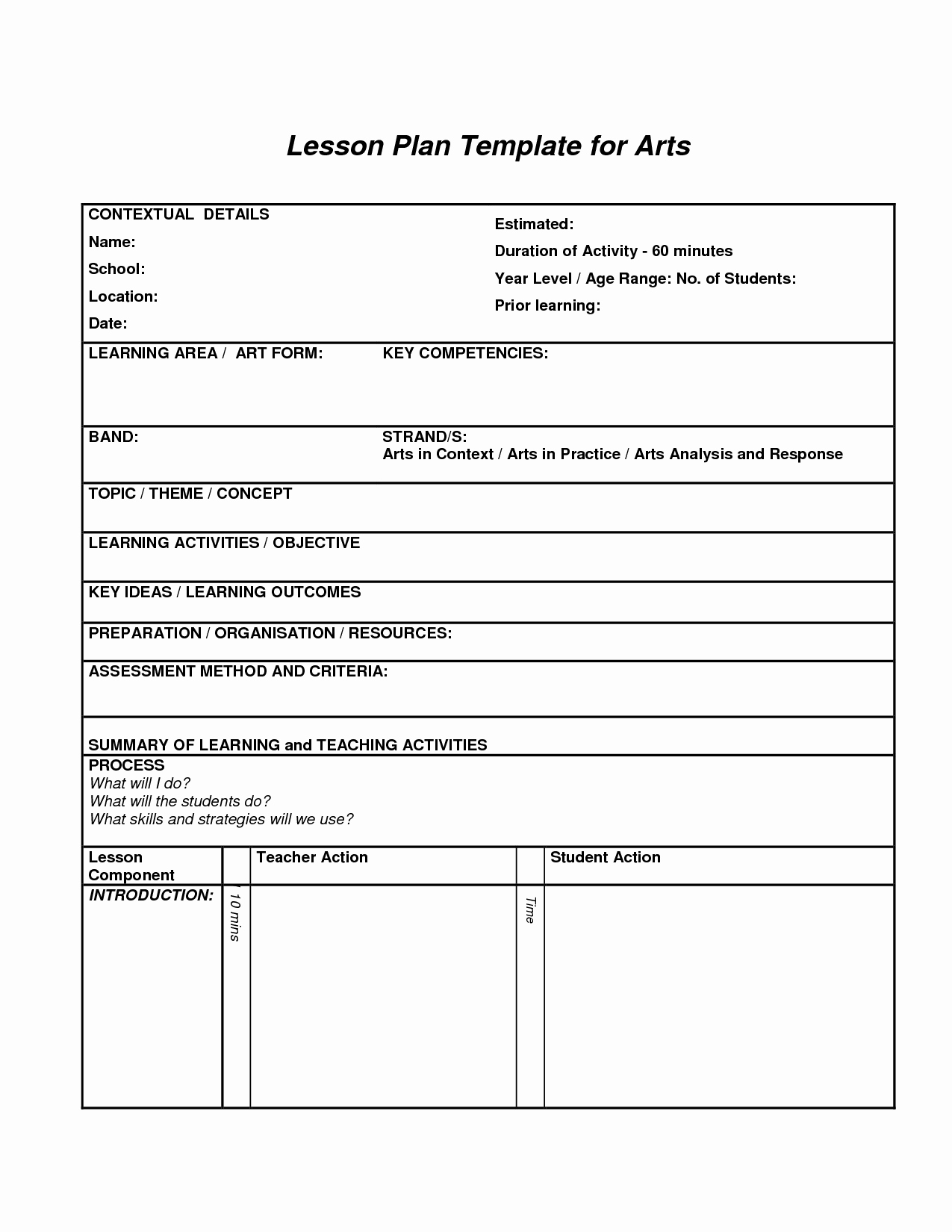 Unit Lesson Plan Template New Lesson Plan Template for Arts