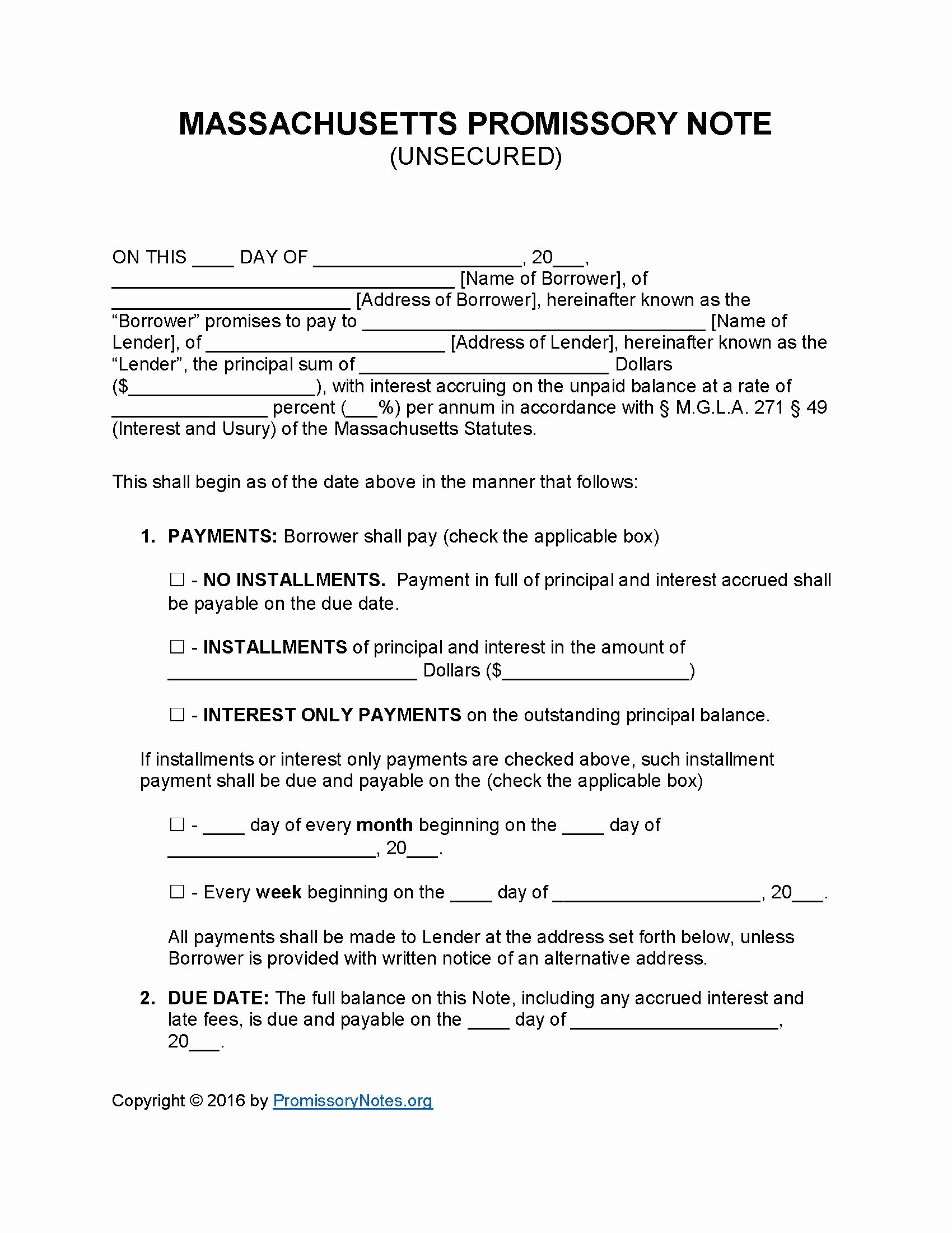 massachusetts unsecured promissory note template