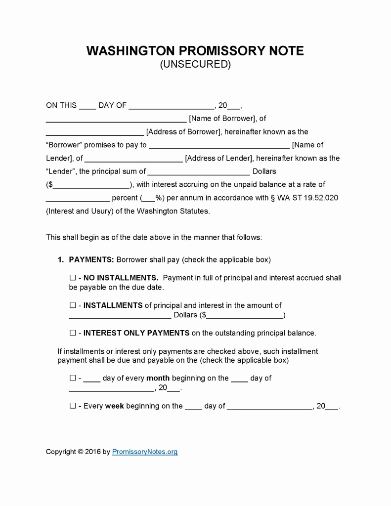 Unsecured Promissory Note Template New Washington Unsecured Promissory Note Template Promissory