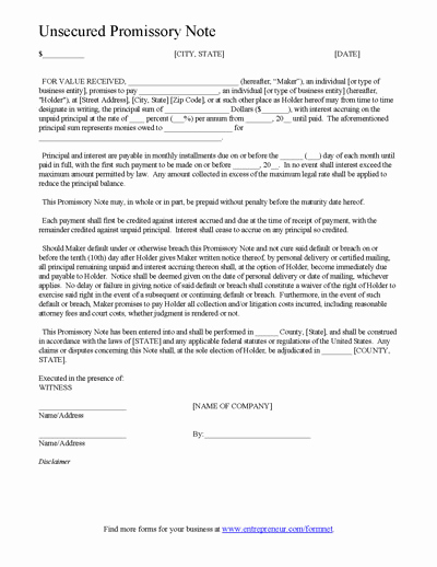 Unsecured Promissory Note Template Unique Best S Of Promissory Contract Template Promise to
