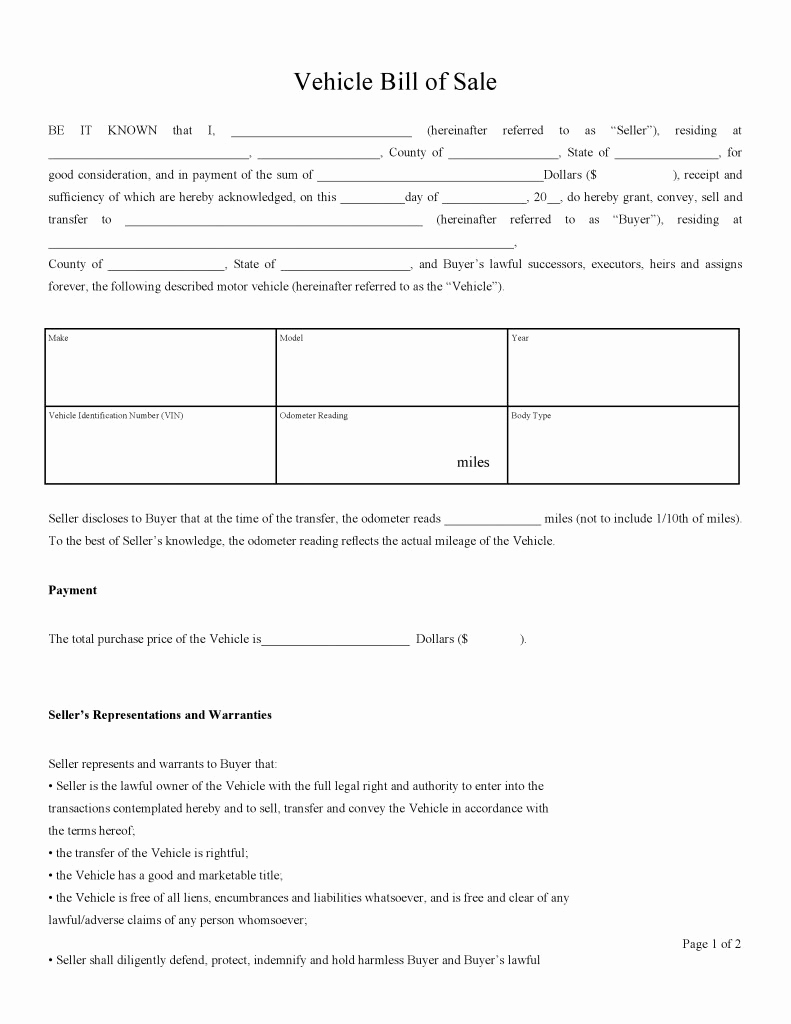 Vehicle Bill Of Sale form Awesome Free Vehicle Bill Of Sale forms Pdf