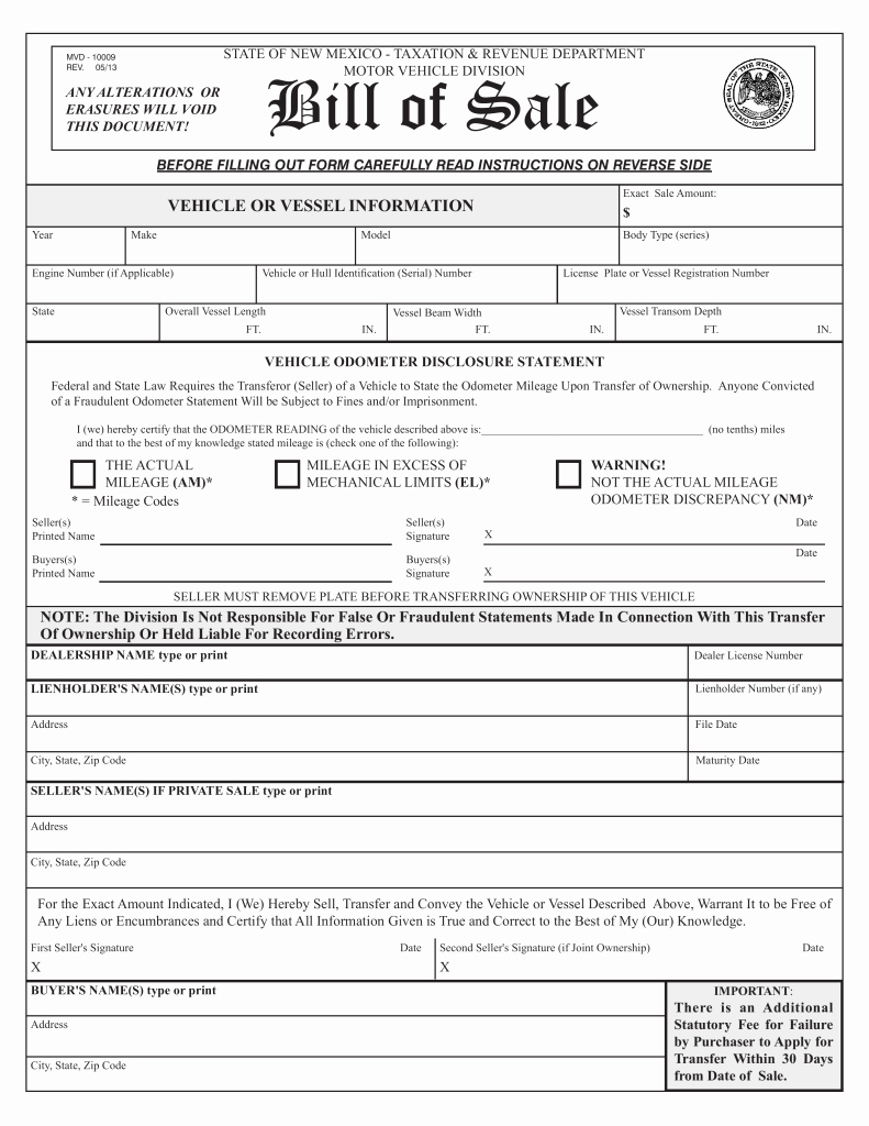 Vehicle Bill Of Sale form Beautiful Free New Mexico Vehicle Vessel Bill Of Sale