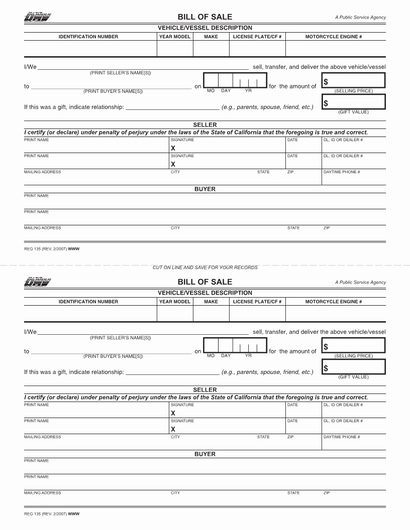 Vehicle Bill Of Sale form Best Of Free California Vehicle Bill Of Sale form Download Pdf
