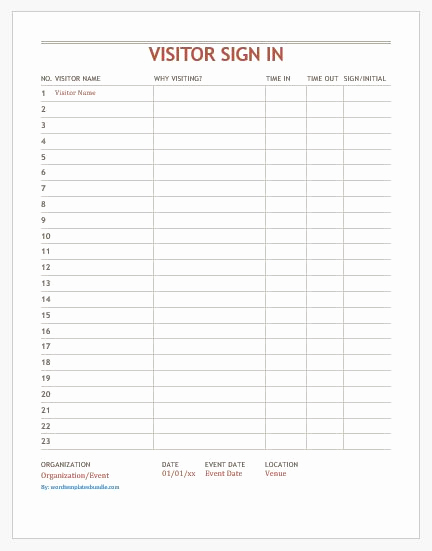 Visitor Sign In Sheet Template Unique Visitor Sign In Sheet Templates Ms Word