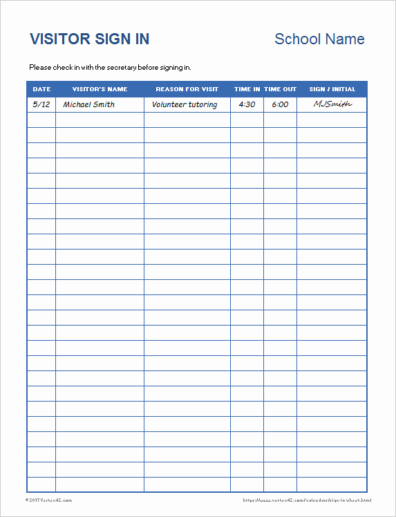 Visitors Sign In Sheet Fresh Download the School Visitor Sign In Sheet From Vertex42