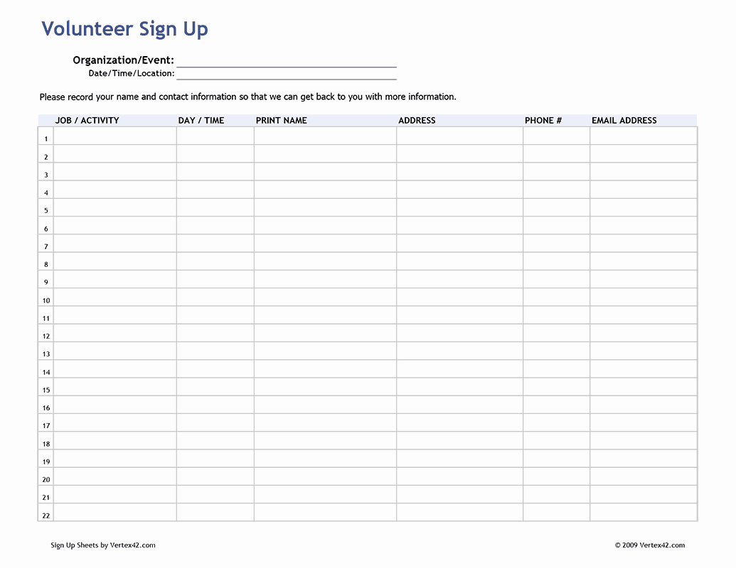Volunteer Sign Up Sheet Unique Free Printable Volunteer Sign Up Sheet Pdf From Vertex42
