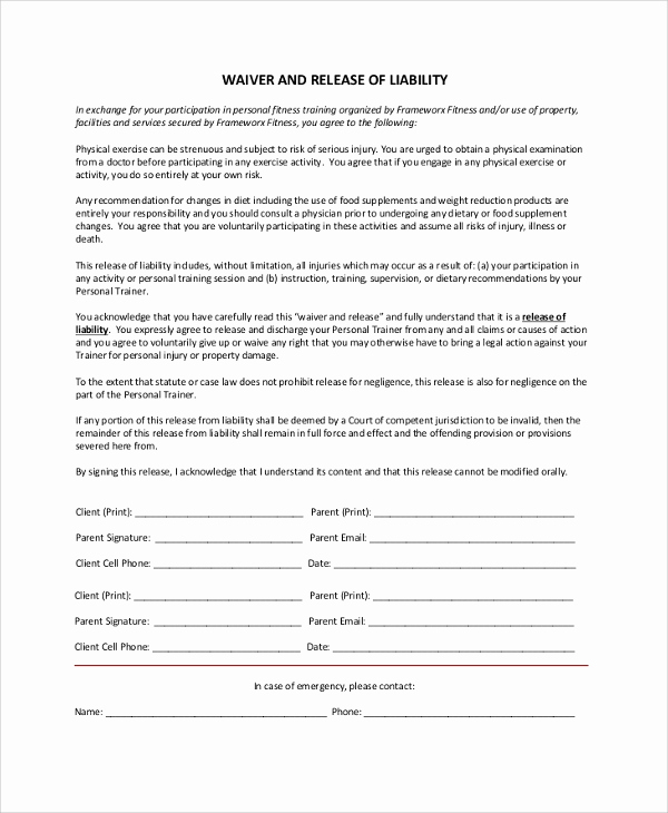 Waiver Of Liability form Inspirational Sample Release Of Liability form 9 Examples In Pdf Word