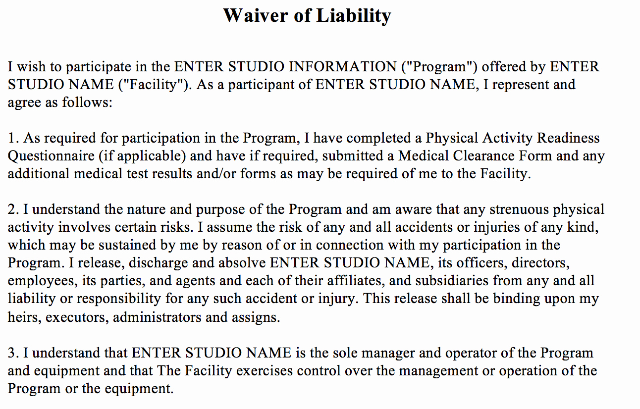 Waiver Of Liability form New Waiver Of Liability