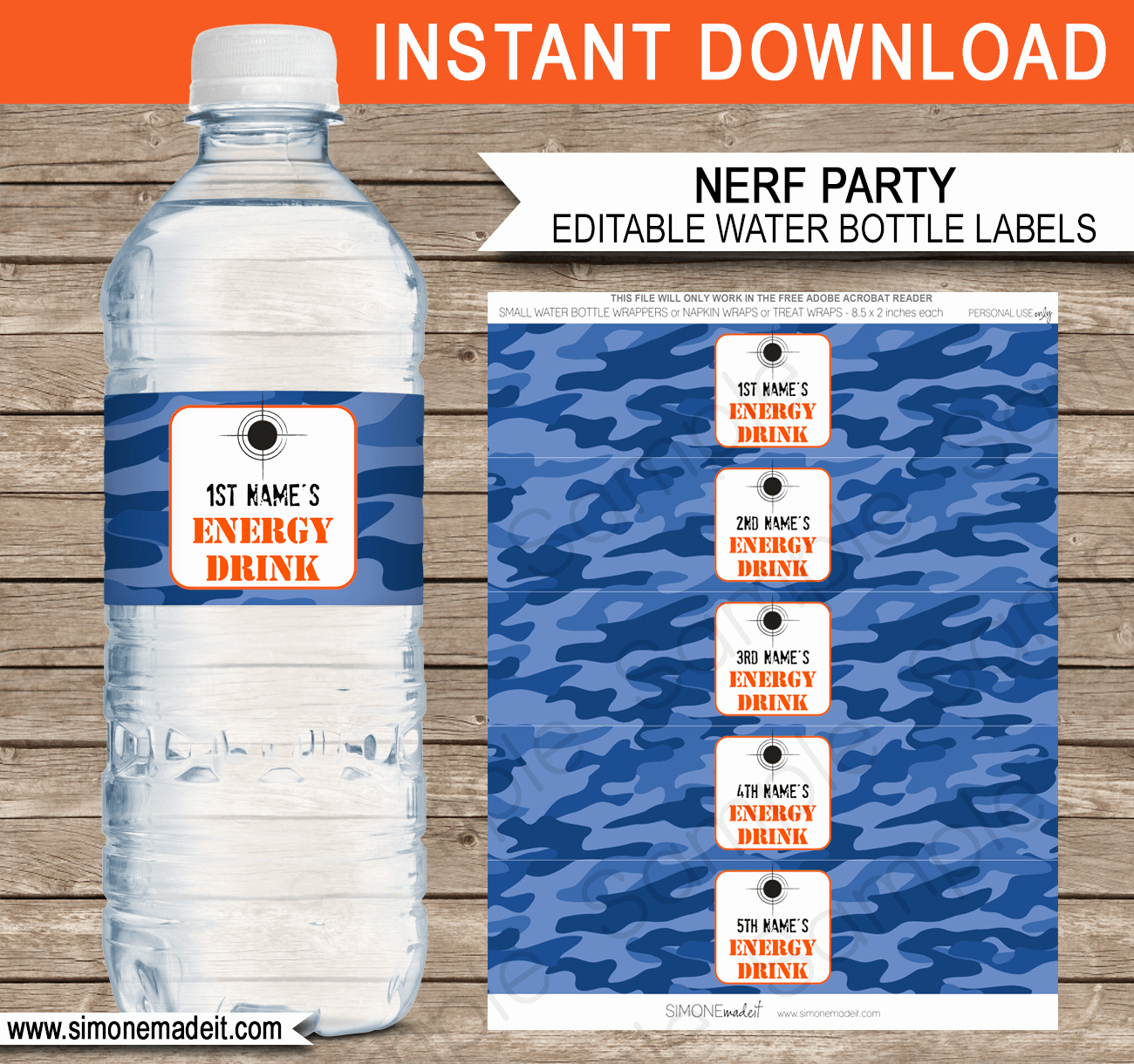 Water Bottle Labels Template Elegant Nerf Printables Blue Camo