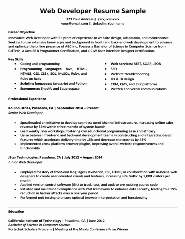 Web Developer Resume Sample New Web Developer Resume Sample &amp; Writing Tips