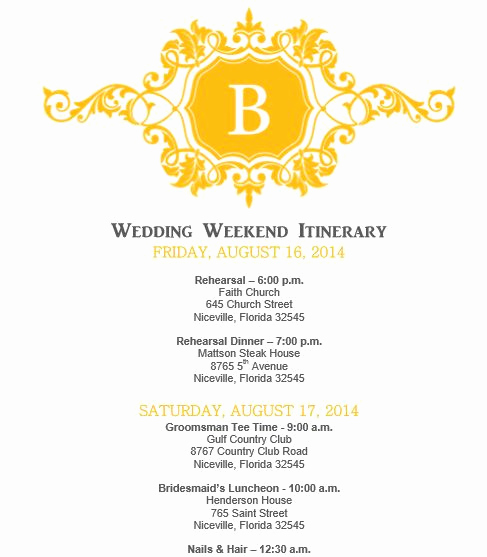 Wedding Weekend Itinerary Template Beautiful Mustard Yellow Wedding Itinerary Template Download