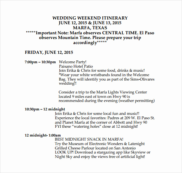 Wedding Weekend Itinerary Template Unique Sample Wedding Weekend Itinerary Template 12 Documents