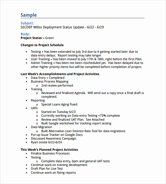 Weekly Status Report Template Elegant Sample Status Report 10 Example format