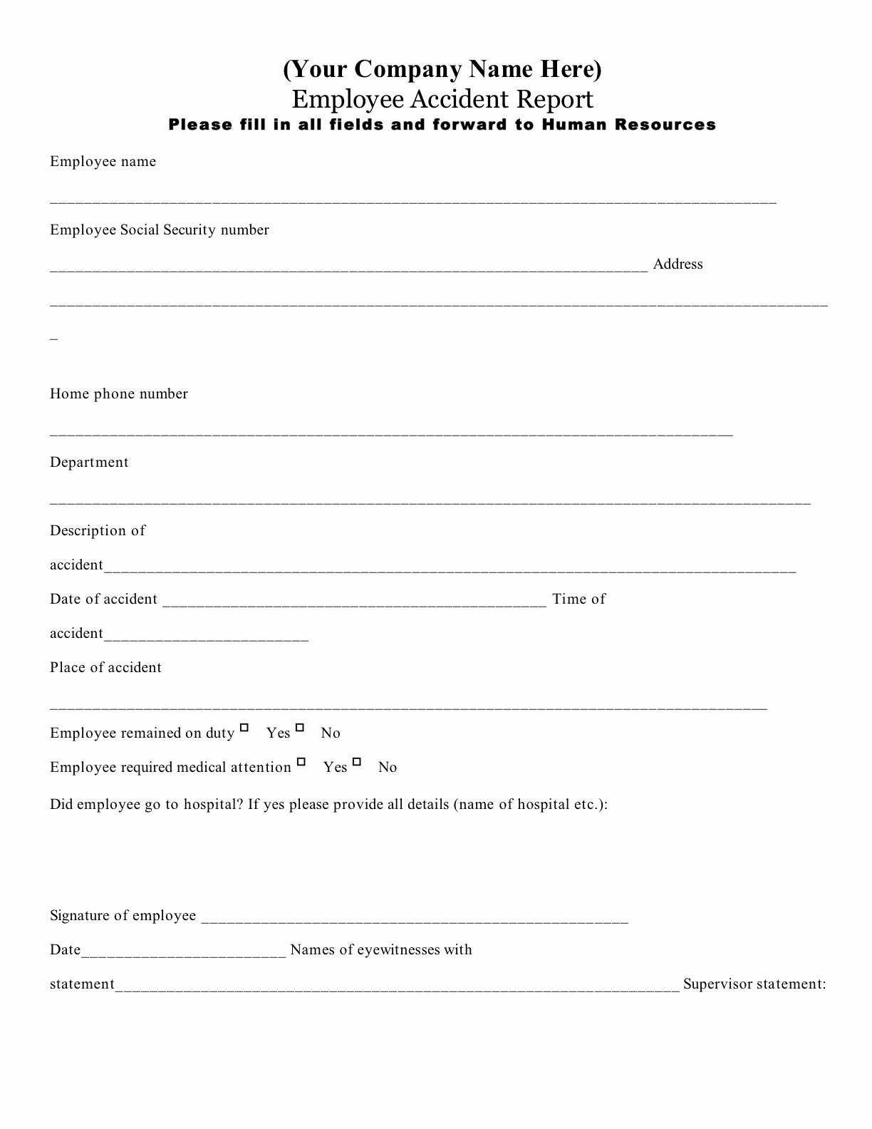 Workplace Accident Report form New Employee Accident Report forms