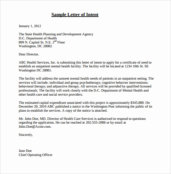 sample free letter of intent template